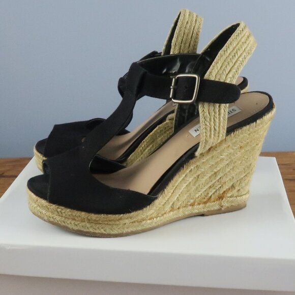 STEVE MADDEN BLACK FABRIC WOVEN WADE WEDGE SANDAL SIZE 9 - Picture 3 of 8